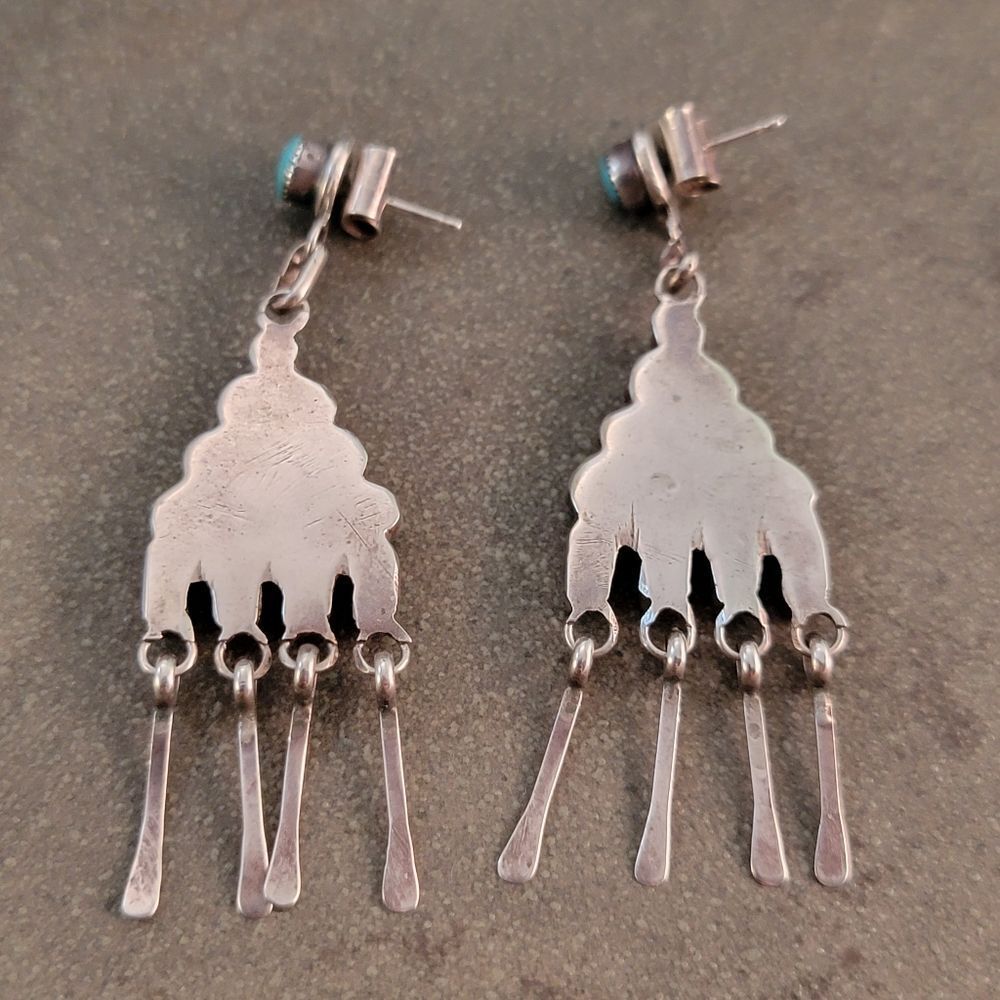 Sterling Zuni Native American Turquoise Dangle Post Earrings - Picture 5 of 5
